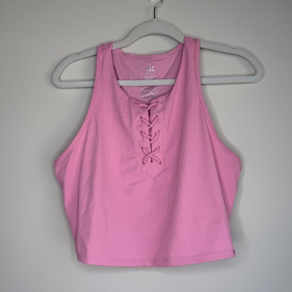 JoyLab Lace Up Ribbed Crop Athletic Top with Built In Support Pink